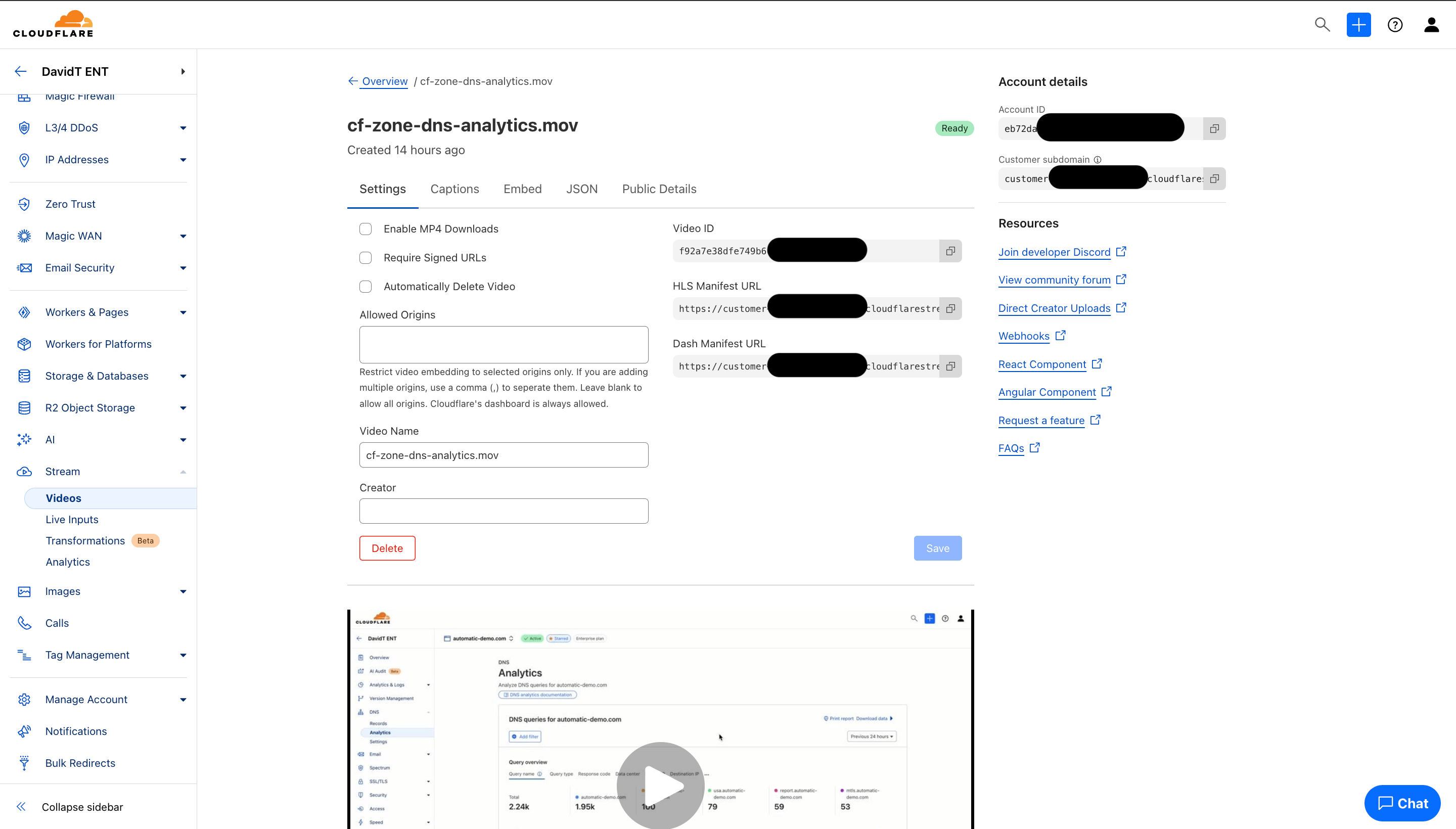 Cloudflare Stream Video Dashboard Settings